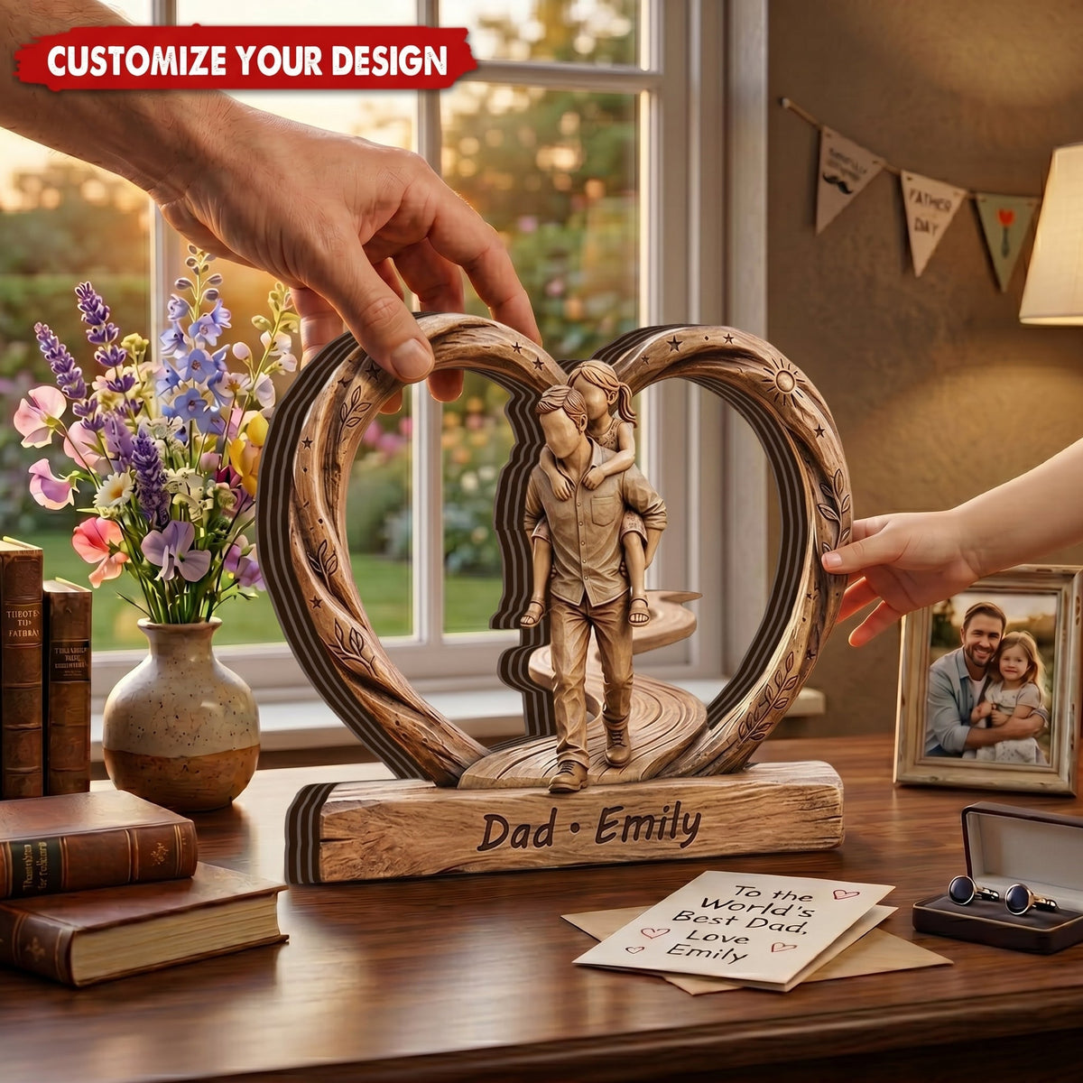 Personalized 3D Effect Dad And Kids Wooden Heart Plaque With Names - Father's Day Gift