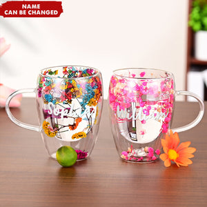 Dried Flowers Double Wall Glass Personalized Coffee Mugs