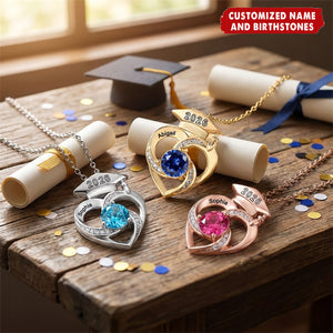 Personalized Graduation Cap Heart Necklace With Birthstone & Name | Graduation Gift For Graduates Family Friends