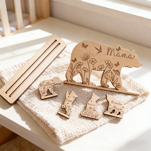 Personalized Layered Wood Carving Mama Bear Sign With Babies' Names & Floral - Mother's Day Gift For Mom