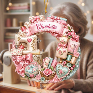 Personalized Sewing Themed Wreath Acrylic Ornament | Christmas Gift For Seamstress Crafter Lover