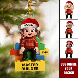 Personalized 3D Effect Little Kid Master Builder Christmas Acrylic Ornament With Name & Year & Icon - Cute Christmas Gift For Family Kids