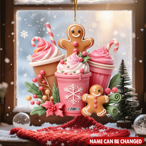 Personalized Pink Gingerbread Coffee Ornament With Name Sweet Christmas Gift For Coffee Lover Baker