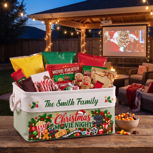 Custom Christmas Movie Night Basket - Supplies Snack Storage Basket With Handles - Personalized Storage Basket