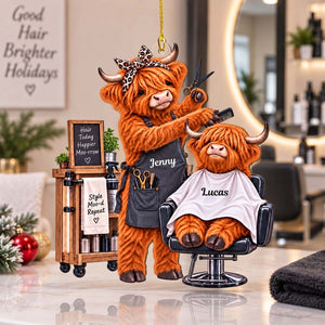 Personalized Highland Cow Hair Salon Acrylic Ornament | Funny Christmas Gift For Hair Stylists Barbers Salon Owners