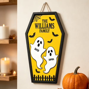 Personalized Ghost Family Coffin Wooden Sign With Names & Color - Halloween Wall Decor Gift