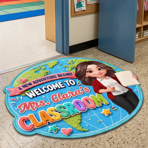 Personalized Name Shaped Doormat - Globe Classroom Welcome Design - Back To School Teacher Gift