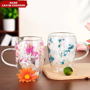 Dried Flowers Double Wall Glass Personalized Coffee Mugs