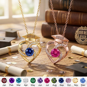 Personalized Graduation Cap Heart Necklace With Birthstone & Name | Graduation Gift For Graduates Family Friends