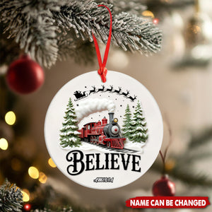 Personalized Believe North Pole Train Ceramic Ornament With Name & Elk Santa Claus Silhouette Christmas Decoration For Family