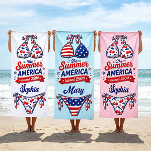 Personalized America 250th Beach Towel With Cherry Stars Stripes Bikini - Independence Gift For Her