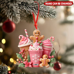 Personalized Pink Gingerbread Coffee Ornament With Name Sweet Christmas Gift For Coffee Lover Baker