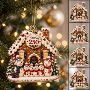 Custom Name 250th Anniversary Christmas Acrylic Ornament - Snowman Family Gingerbread House Decor