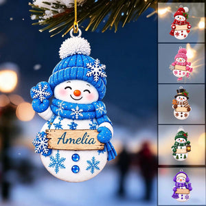 Personalized Cute Knit Hat Snowman Acrylic Ornament | Gift For Kids Family Christmas Keepsake