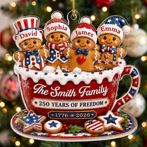 Personalized USA 250th Anniversary Gingerbread Family Cup Acrylic Ornament | Christmas Gifts For Family