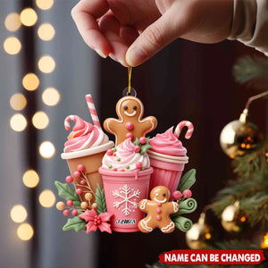 Personalized Pink Gingerbread Coffee Ornament With Name Sweet Christmas Gift For Coffee Lover Baker