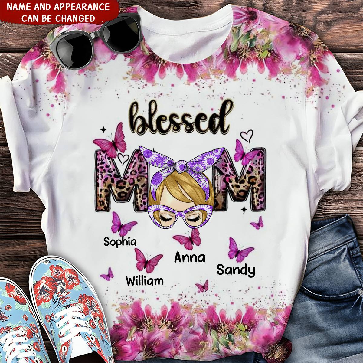 Blessed Mom Pink Leopard Messy Bun With Butterfly Kids Personalized 3D T-shirt