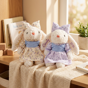 Personalized Floral Dress Bunny Doll Toy With Name & Year - Gift For Baby Shower Birthday Easter For Kids