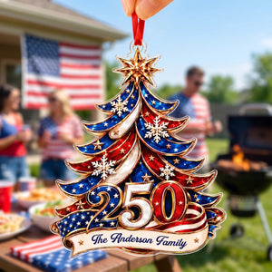 Custom Name 250th America Christmas Acrylic Ornament | Personalized Patriotic Family Gift