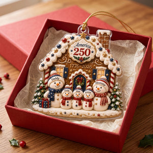 Custom Name 250th Anniversary Christmas Acrylic Ornament - Snowman Family Gingerbread House Decor