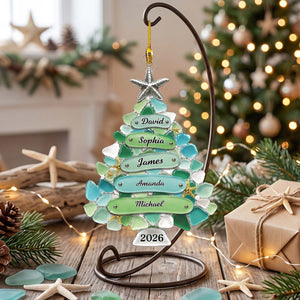 Personalized Sea Glass Style Family Tree Acrylic Ornament 2026 | Coastal Christmas Family Keepsake