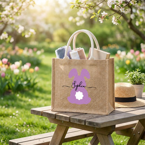Personalized Easter Bunny Jute Tote Bag With Name - Perfect for Kids Egg Hunts & Spring Celebrations