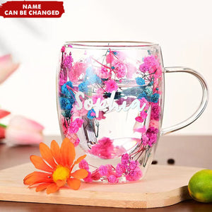 Dried Flowers Double Wall Glass Personalized Coffee Mugs
