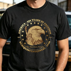 Personalized USA 250 Years Of Freedom Tee With Eagle Liberty Crest - Independence 2026 Gift For Family