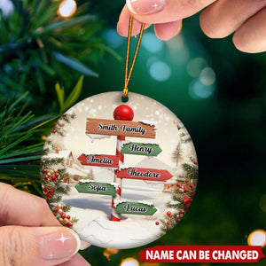Personalized North Pole Signpost Family Christmas Ceramic Ornament With 1-12 Member Names | Unique Gift For Big Family