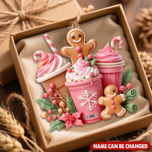 Personalized Pink Gingerbread Coffee Ornament With Name Sweet Christmas Gift For Coffee Lover Baker