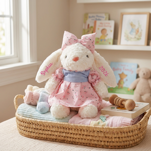 Personalized Floral Dress Bunny Doll Toy With Name & Year - Gift For Baby Shower Birthday Easter For Kids