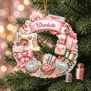 Personalized Sewing Themed Wreath Acrylic Ornament | Christmas Gift For Seamstress Crafter Lover