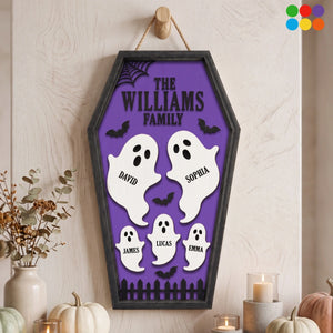 Personalized Ghost Family Coffin Wooden Sign With Names & Color - Halloween Wall Decor Gift