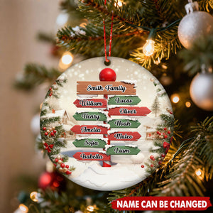 Personalized North Pole Signpost Family Christmas Ceramic Ornament With 1-12 Member Names | Unique Gift For Big Family