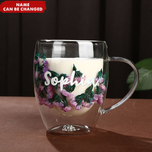Insulated Layer Dried Flowers Double Wall Glass Personalized Coffee Mugs