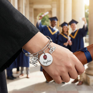 Personalized Graduation Bracelet - Stainless Steel Bangle With Birthstone and Year charm Gift For Her