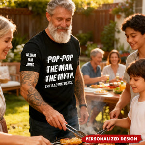 Personalized The Man The Myth The Bad Influence Crewneck Tee Shirt With Name - Humorous Birthday Gift For Grandfather Dad And Uncle