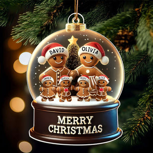 Gingerbread Family In Snow Globe Personalized Ornament - Name & Kids Customized |Christmas "Home" Keepsake Gift