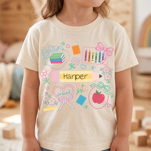 Personalized Name Kids T-Shirt With Pencil Crayon School Doodle For Back To School Gift
