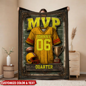 Personalized Vintage Football MVP Quarterback Fleece Blanket With Name Number - Birthday Gift For Sports Fan Son Dad And High School Player