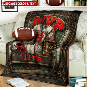 Personalized Vintage Football MVP Quarterback Fleece Blanket With Name Number - Birthday Gift For Sports Fan Son Dad And High School Player