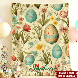 Personalized Spring Floral Egg Print Kids Fleece Blanket With Name & Bunny Graphics - Sweet Easter Keepsake For Daughter & Babies