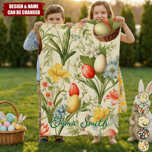 Personalized Spring Floral Egg Print Kids Fleece Blanket With Name & Bunny Graphics - Sweet Easter Keepsake For Daughter & Babies