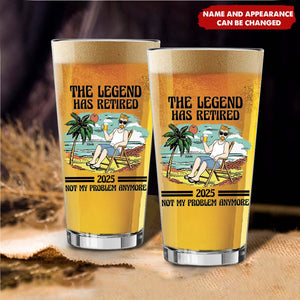 Personalized "The Legend Has Retired" Beer Glass - Vintage Beach Theme, Custom Name & Image, Exclusive Fun Souvenir Gift For Retiring People