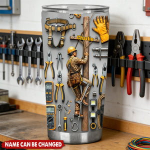 Personalized 3D Effect Lineman Tumbler With Name & Tool Wall Design - Father's Day Gift | Birthday Gift For Powerline Workers