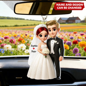 Personalized 3D Effect Cartoon Wedding Couple Acrylic Hanger With Names & Icons - Anniversary Valentine's Day Engagement Gift For New Husband & Wife