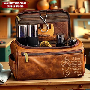 Personalized Large Capacity Leather Toiletry Bag With Name & Text - Valentine’s Day Tribute Anniversary Gift For Husband Or Boyfriend