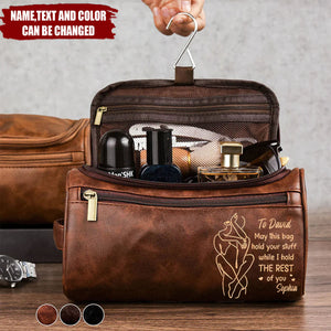 Personalized Large Capacity Leather Toiletry Bag With Name & Text - Valentine’s Day Tribute Anniversary Gift For Husband Or Boyfriend