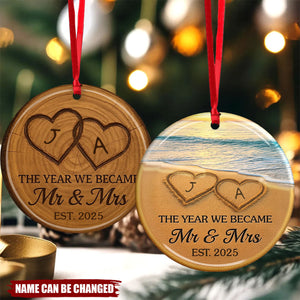 "Mr & Mrs" Personalized Christmas Ornament -Custom Name Ceramic | Beach Anniversary & Wedding Gift For Newlyweds & Couple