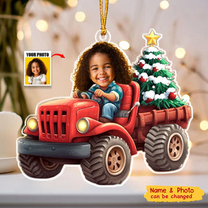 Personalized Kids Christmas Ornament With Name & Photo of Children in Red Truck | Warm Family Holiday Gifts For Family